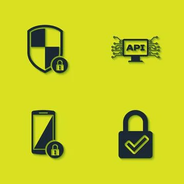 Set Shield security with lock, Lock and check mark, Smartphone and Computer api Stock Illustration