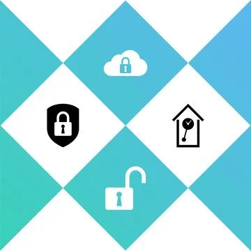 Set Shield security with lock, Open padlock, Cloud computing and Retro wall w Stock Illustration