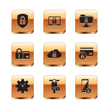 Set Shield security with lock, Time Management, Electric scooter, Cloud Illustrazione stock