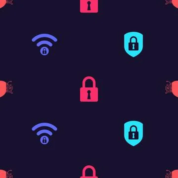Set Shield security with lock, Wifi locked, Lock and Cyber on seamless pattern イラスト素材