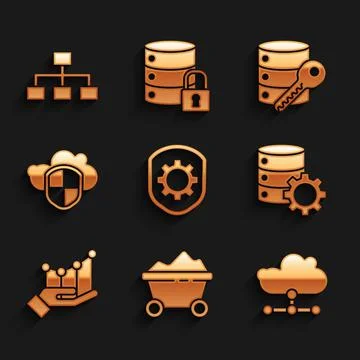 Set Shield with settings gear, Coal mine trolley, Network cloud connection Stock Illustration