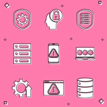 Set Shield with settings gear, Human head lock, Server shield, Server, Data, Web Stock Illustration