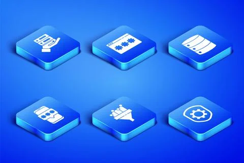 Set Shield with settings gear, Server, Data, Web Hosting, Sales funnel chart Stock Illustration