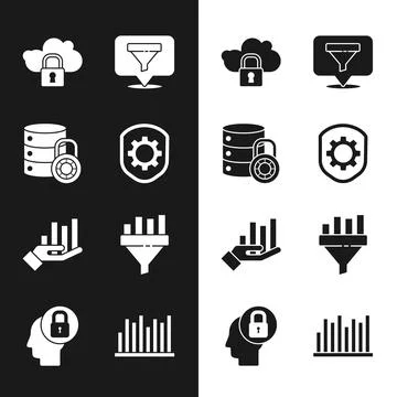 Set Shield with settings gear, Server security lock, Cloud computing, Location Stock Illustration