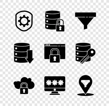 Set Shield with settings gear, Server security lock, Sales funnel, Cloud Ilustração Stock