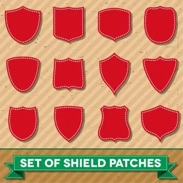 Set of shield shaped stitched patches Illustrazione stock