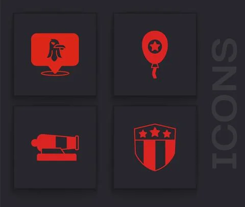 Set Shield with stars, Eagle, Balloons and Cannon icon. Vector Illustrazione stock