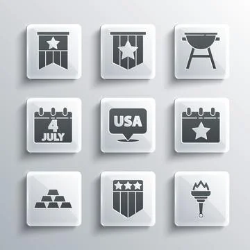 Set Shield with stars, Torch flame, Calendar date July 4, USA Independence day Ilustración de archivo
