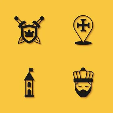 Set Shield with swords, King crown, Castle tower and Crusade icon with long s Ilustración de archivo