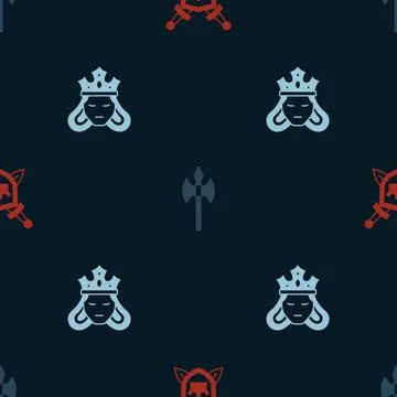 Set Shield with swords, Medieval axe and Princess queen on seamless pattern Illustrazione stock