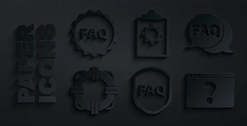 Set Shield with text FAQ, Speech bubble, Lifebuoy, Browser question mark Stock Illustration