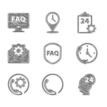 Set Shield with text FAQ, Telephone 24 hours support, Support operator in touch Stock Illustration