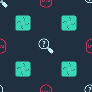 Set Shield with text FAQ, Unknown search and Piece of puzzle on seamless pattern Stock Illustration