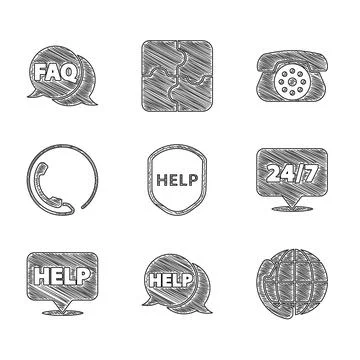 Set Shield with text Help, Speech bubble, Telephone 24 hours support, Clock,  Stock Illustration