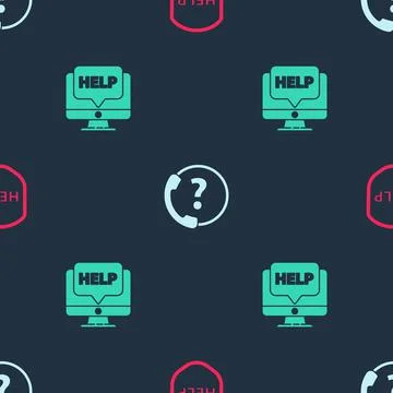 Set Shield with text Help, Telephone 24 hours support and Computer monitor and Illustrazione stock