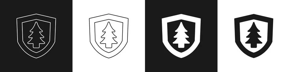 Set Shield with tree icon isolated on black and white background. Eco-friendly Stock Illustration