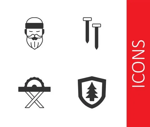 Set Shield with tree, Lumberjack, Electric circular saw and Metallic nails icon Stock Illustration