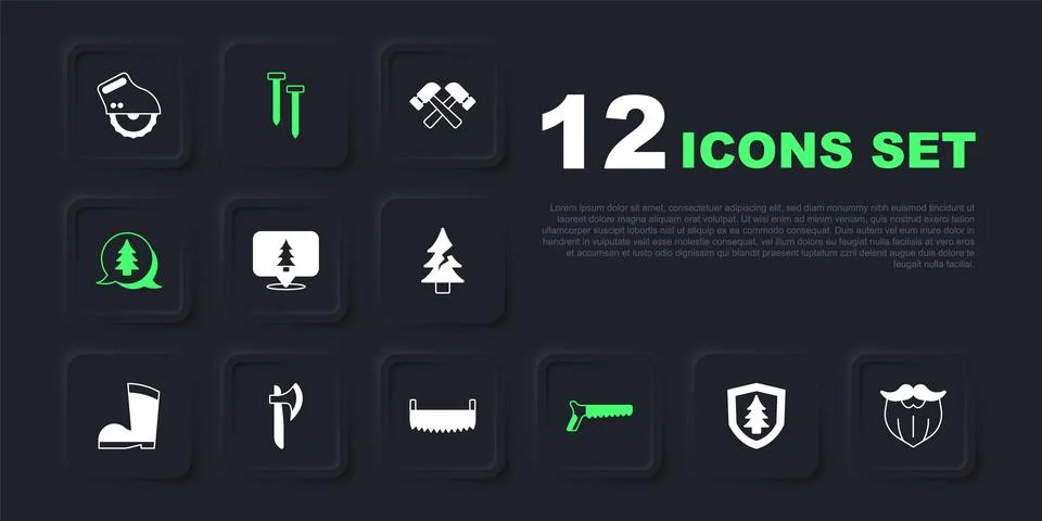 Set Shield with tree, Mustache and beard, Location of the forest, Hand saw,.. Stock Illustration