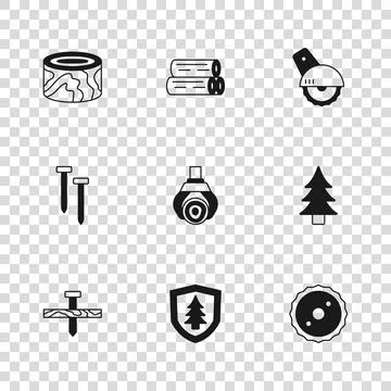 Set Shield with tree, Tree, Circular saw blade, Grapple crane grabbed log, .. Stock Illustration