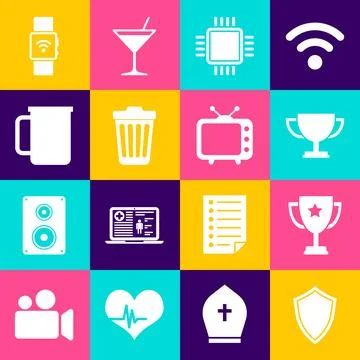 Set Shield, Trophy cup, , Processor with CPU, Trash can and Coffee icon. Vector Stock Illustration