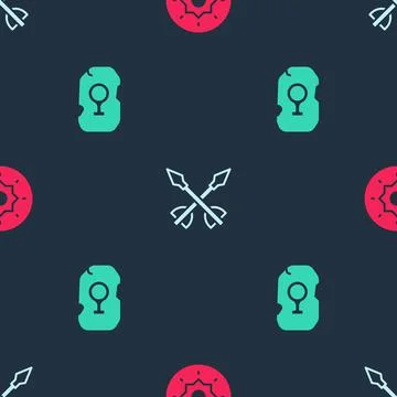 Set Shield viking, Medieval arrows and Magic rune on seamless pattern. Vector イラスト素材