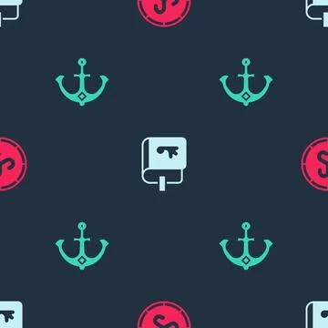 Set Shield viking, Viking book and Anchor on seamless pattern. Vector Stock Illustration