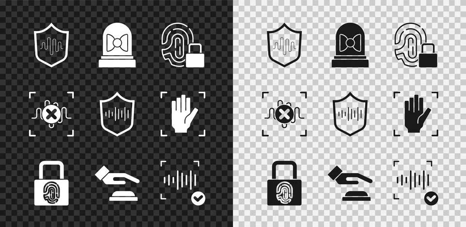 Set Shield voice recognition, Motion sensor, Fingerprint with lock, Palm, Voice Stock Illustration