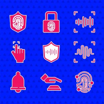 Set Shield voice recognition, Palm print, Fingerprint, Voice, Motion sensor, and Stock Illustration