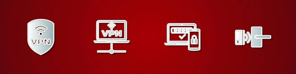 Set Shield with VPN wireless, Computer network, Two steps authentication and Stock Illustration