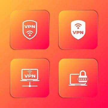 Set Shield with VPN wireless, , Computer network and Laptop password icon. Ve Stock Illustration