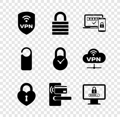 Set Shield with VPN wireless, Lock, Two steps authentication, Castle in shape of Stock Illustration