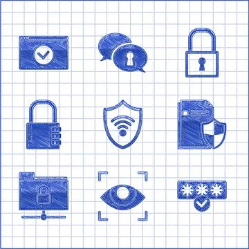 Set Shield with WiFi wireless internet network Eye scan Password protection a Illustrazione stock