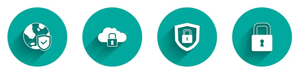 Set Shield with world globe, Cloud computing lock, security and Lock icon wit Stock Illustration