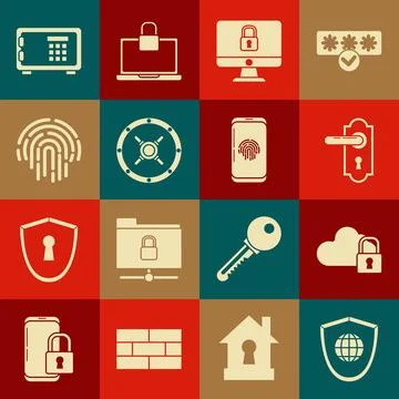 Set Shield with world globe, Cloud computing lock, Door handle, Lock on computer Illustrazione stock