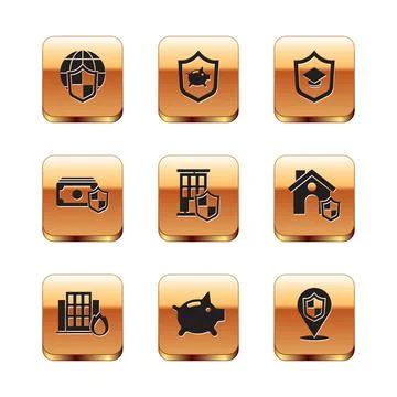 Set Shield with world globe, Fire in burning house, Piggy bank, House shield Stock Illustration