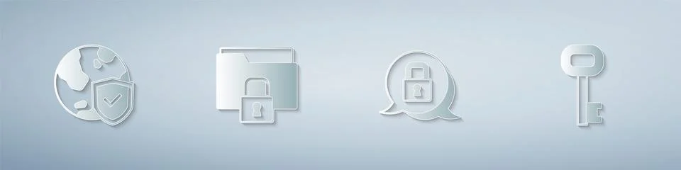 Set Shield with world globe, Folder and lock, Lock and Old key. Paper art style イラスト素材