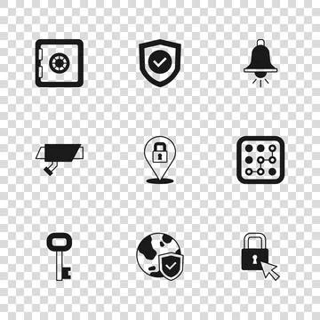 Set Shield with world globe, Graphic password protection, Lock, Ringing ala.. Stock Illustration