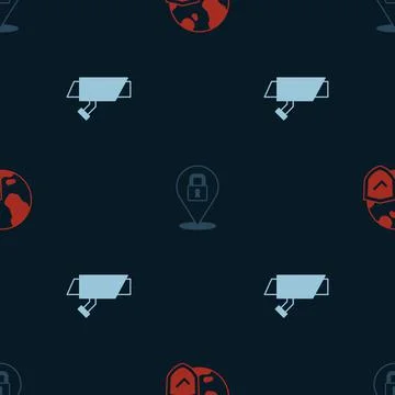 Set Shield with world globe, Lock and Security camera on seamless pattern. Ve Illustrazione stock