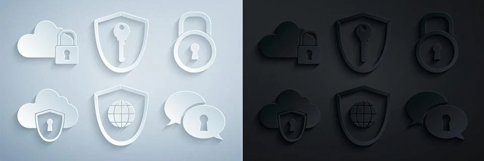 Set Shield with world globe Lock Cloud and shield Protection of personal data Stock Illustration