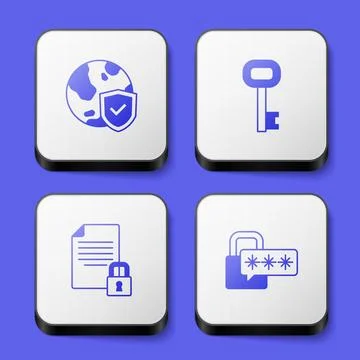Set Shield with world globe, Old key, Document and lock and Cyber security icon Illustrazione stock