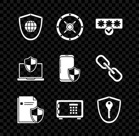 Set Shield with world globe, Safe, Password protection and safety access Stock Illustration