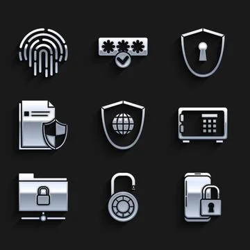 Set Shield with world globe Safe combination lock wheel Smartphone closed pad Illustrazione stock