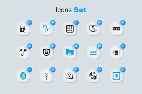 Set Shield with world globe, security lock, Open padlock, Fingerprint, Safe.. Illustrazione stock