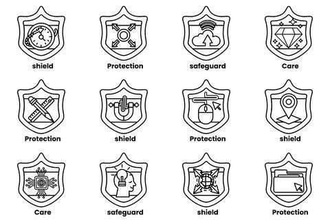 A set of shields with the words protection, shield, and safety written on the Stock Illustration