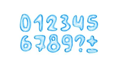 Set of shiny blue bubble style numbers and symbols on white background. Pla.. Stock Illustration