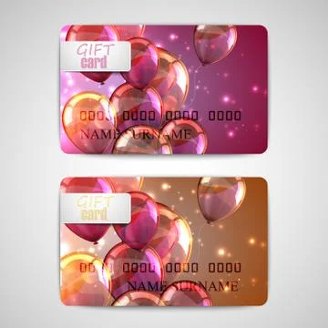 Set of shiny gift cards with flying balloons and sparkles Stock Illustration