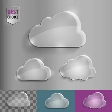 Set of shiny glass bubble cloud icons with soft shadow on gradient background Stock Illustration