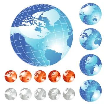 Set of shiny globe in five different views, vector illustration Illustration