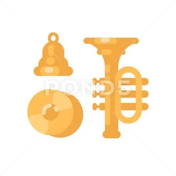 Set of shiny gold musical instruments. Cymbals, bell and trumpet flat illustr Stock Illustration