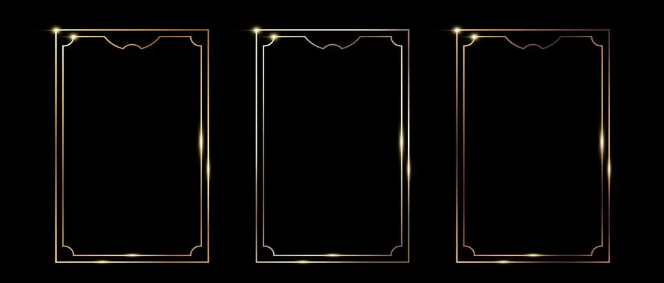 Set of shiny golden frames on black background. Luxury golden borders Illustrazione stock